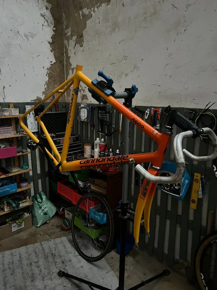 Bicycle frame on a professional repair stand